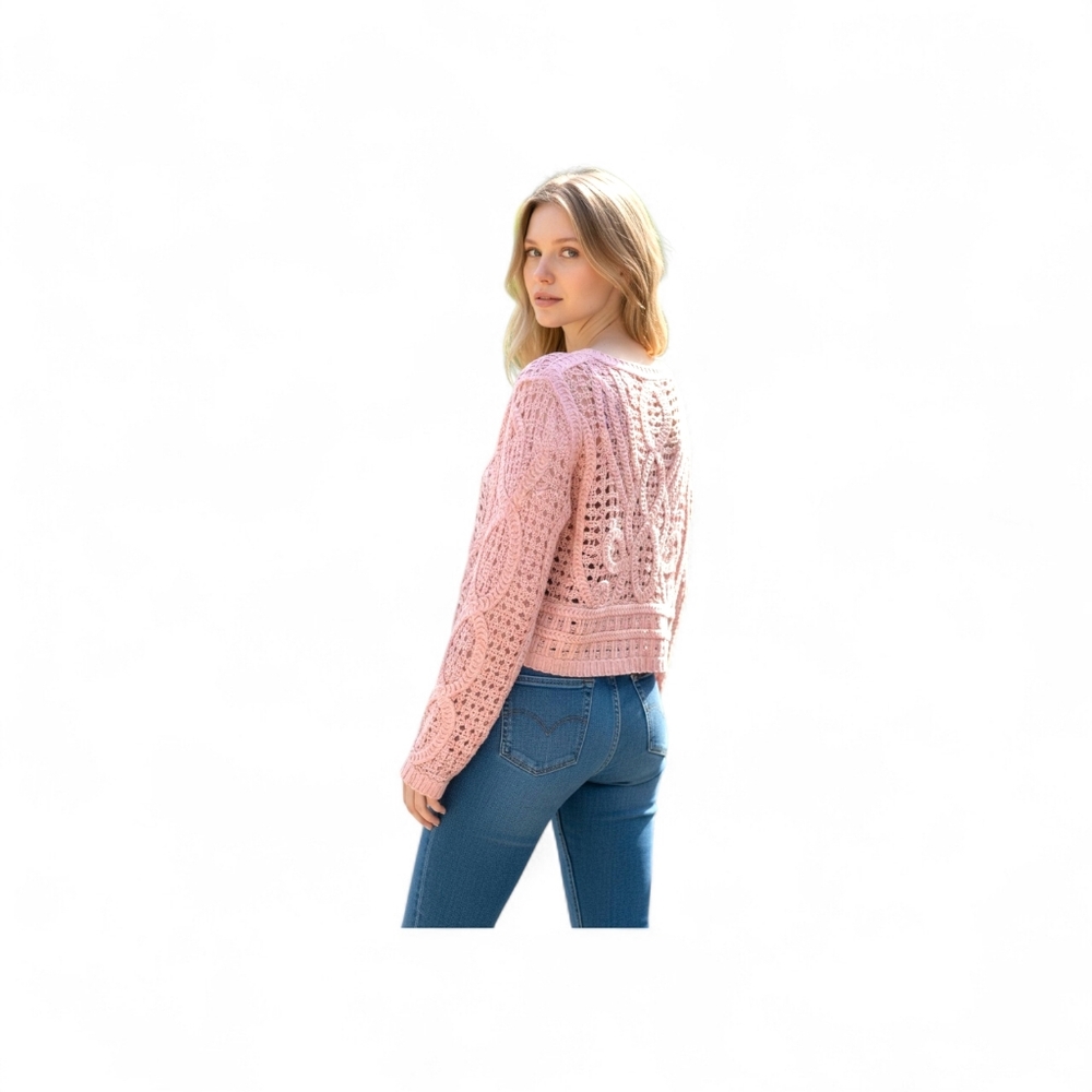 POL Crochet Squares Cropped Long Sleeve Top In Pink Sz OS Boho Knit NWOT - Picture 2 of 11